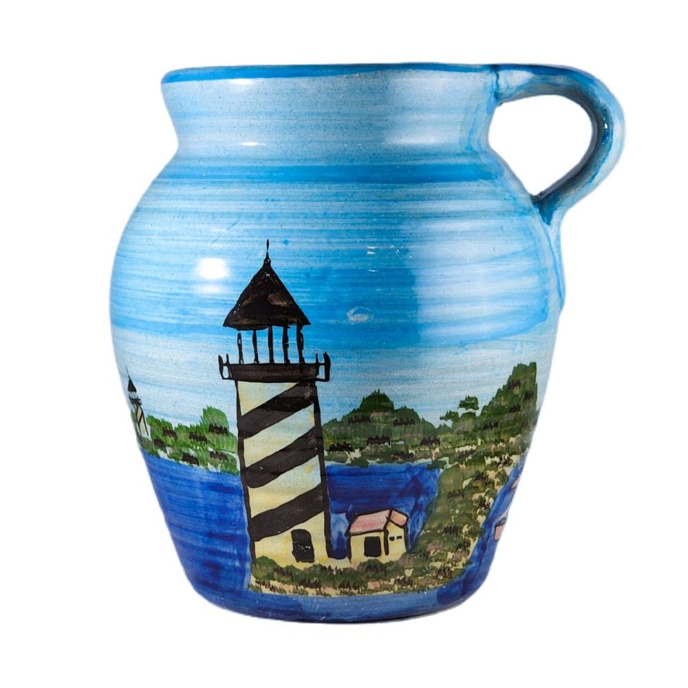 Nautical Themed Pitcher Jug Bean Pot Beach House Lighthouse WCL Pottery Ceramic